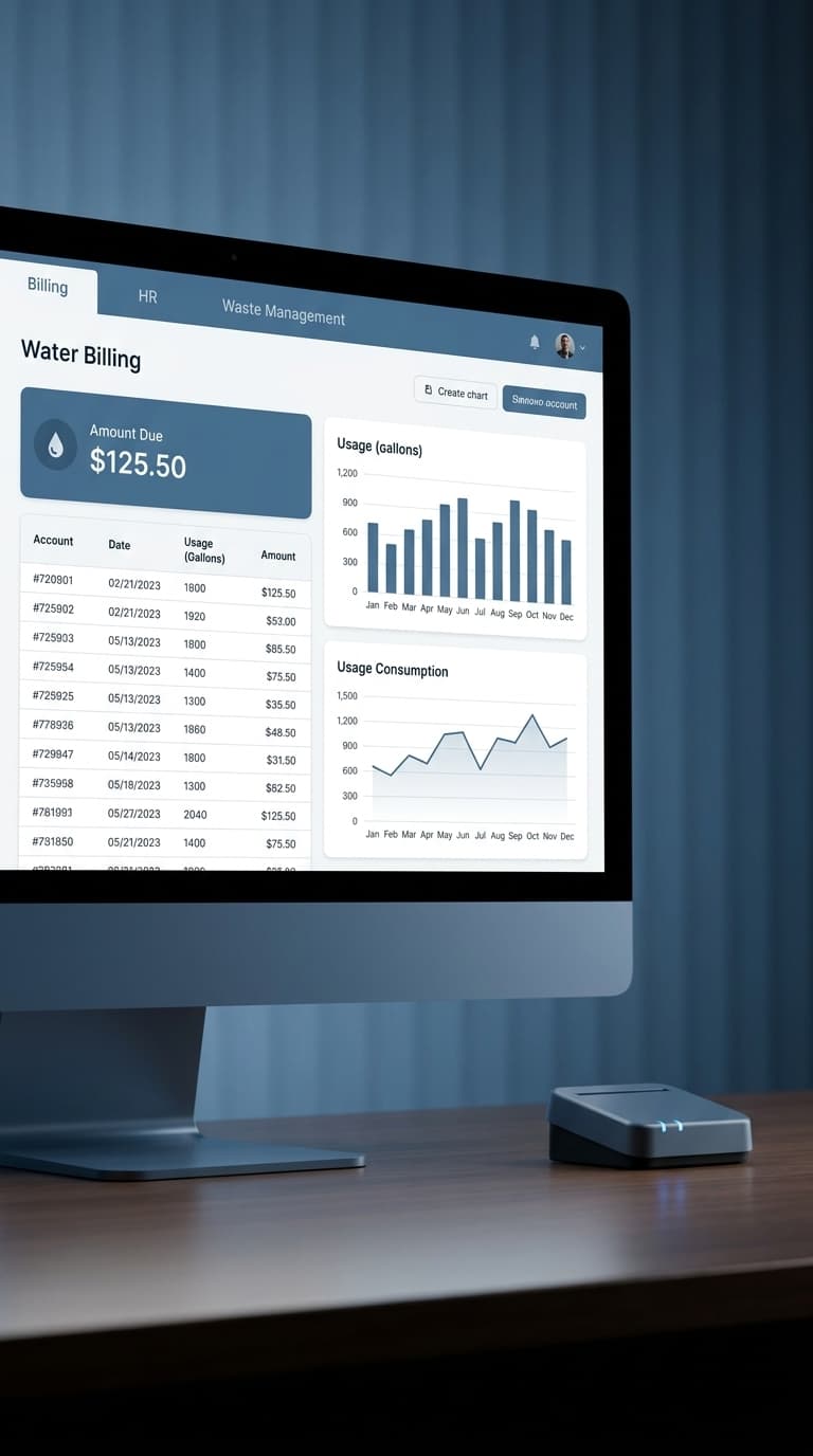 DPHE water-billing, HR and waste-management software on a monitor