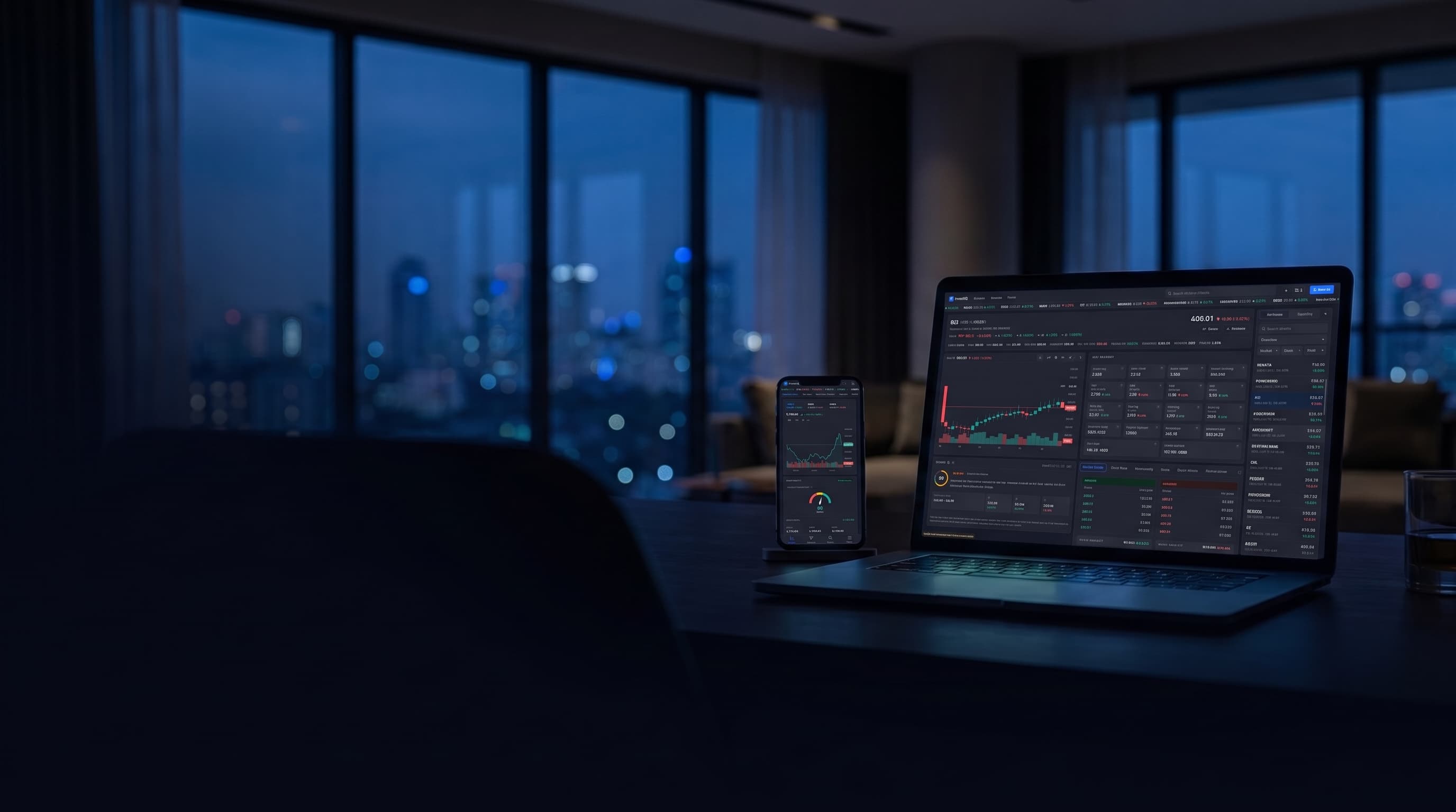 InvestIQ AI market charts glowing on a laptop and phone against the Dhaka skyline at dusk