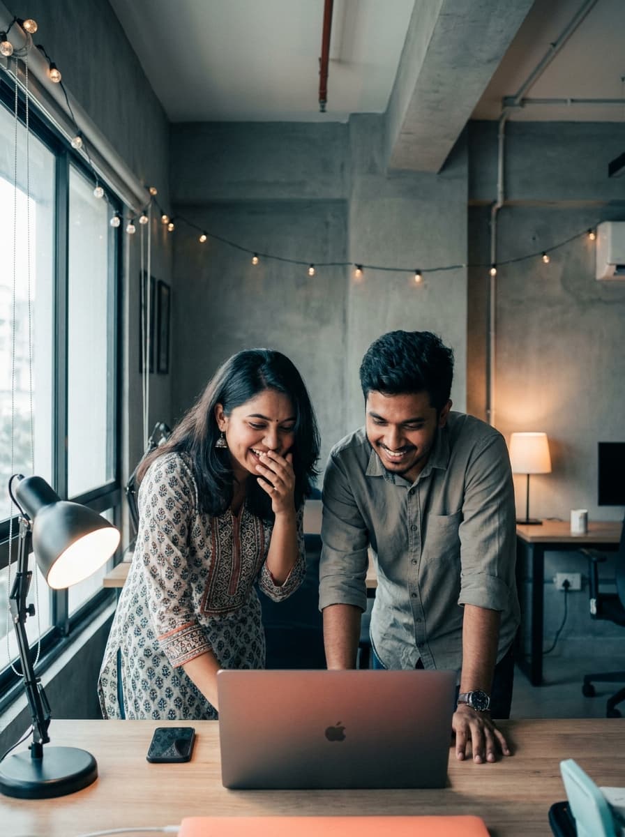 Colleagues looking at a laptop together