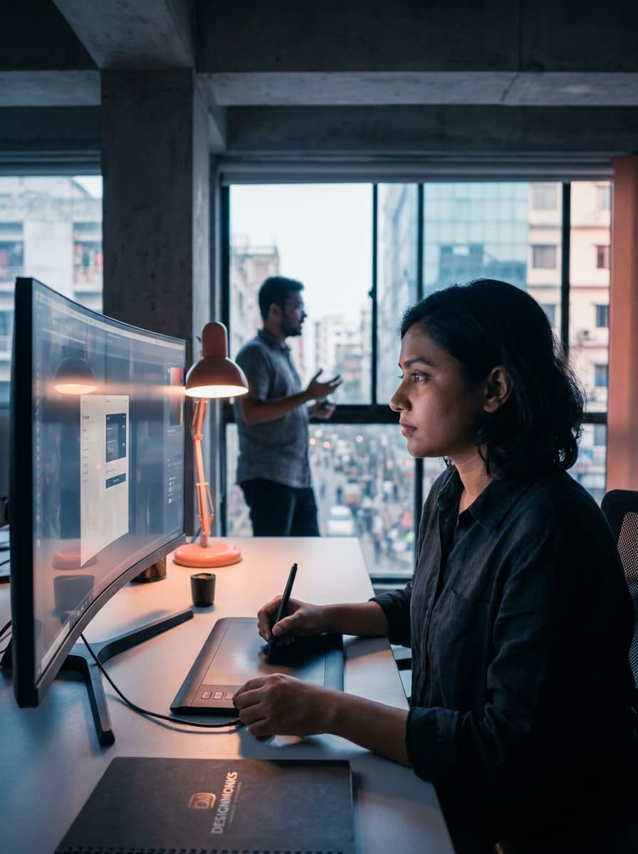 A designer at work at her monitor