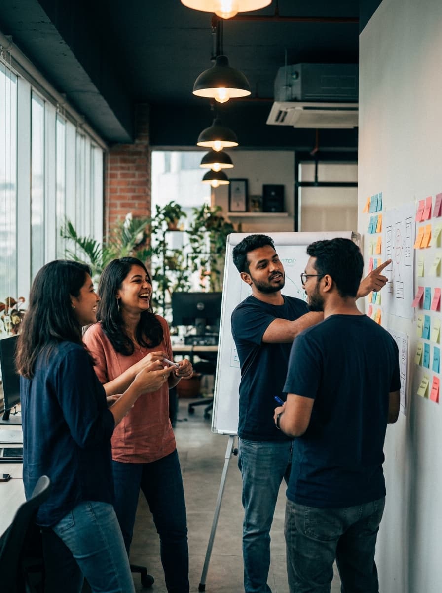 The team collaborating at a whiteboard