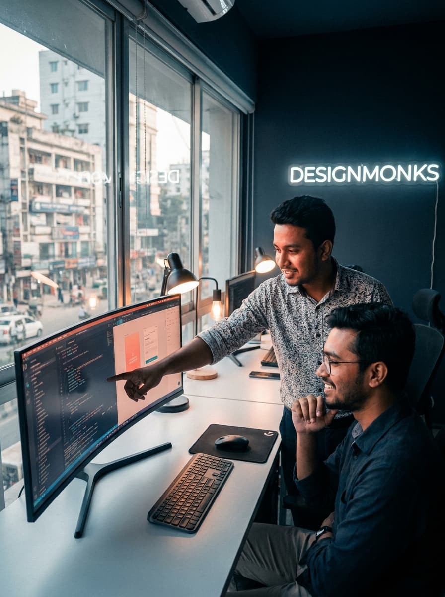 Colleagues reviewing code on screen