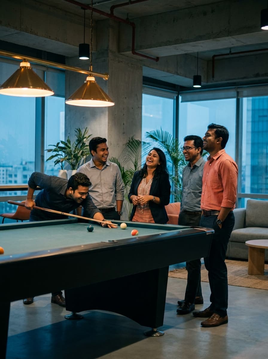 Colleagues playing pool in the office